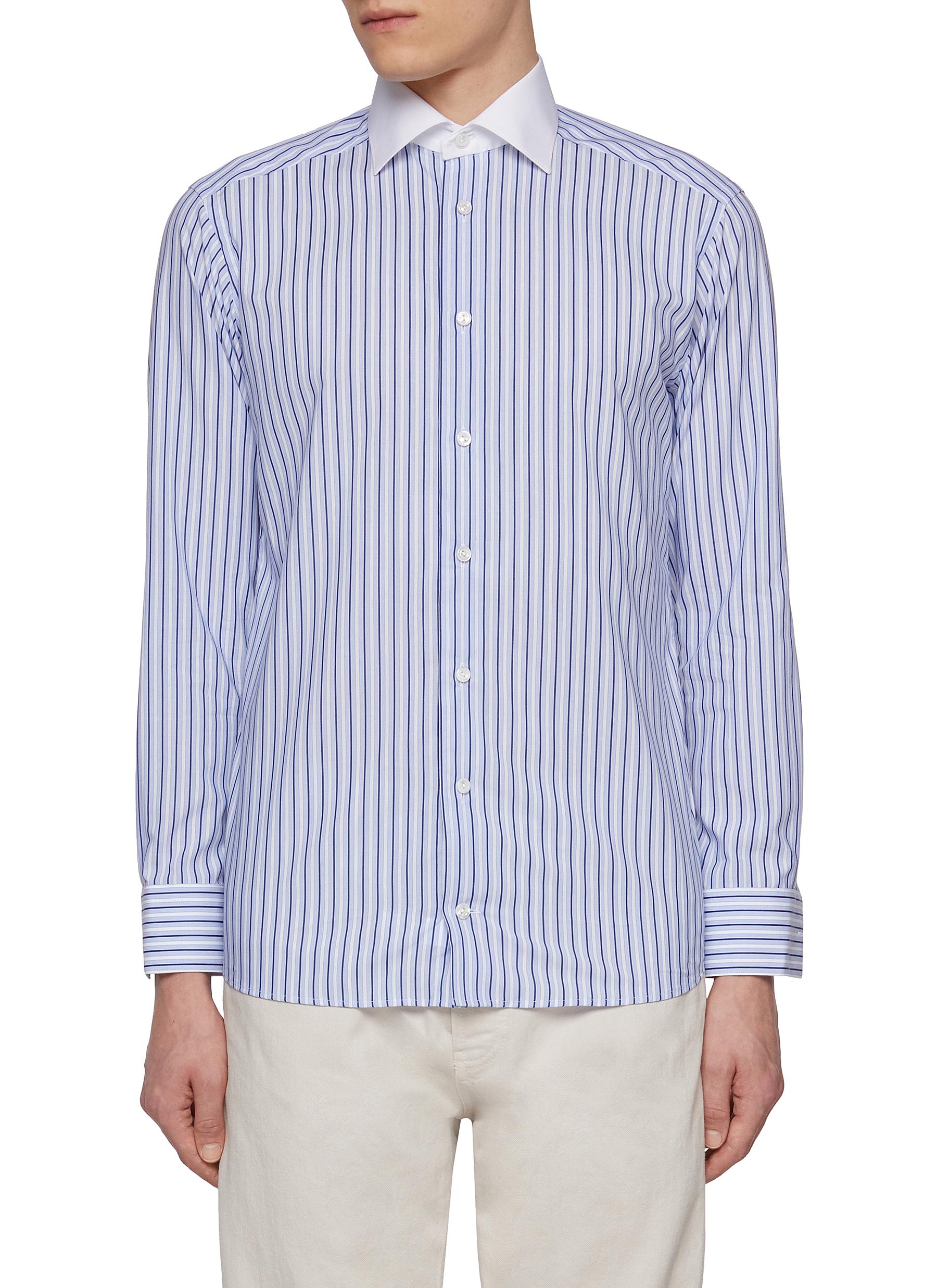 Cutaway Collar Striped Cotton Shirt