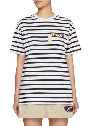 Main View - Click To Enlarge - JOSHUA SANDERS - Smiley Face Slogan Patch Striped Cotton T-Shirt