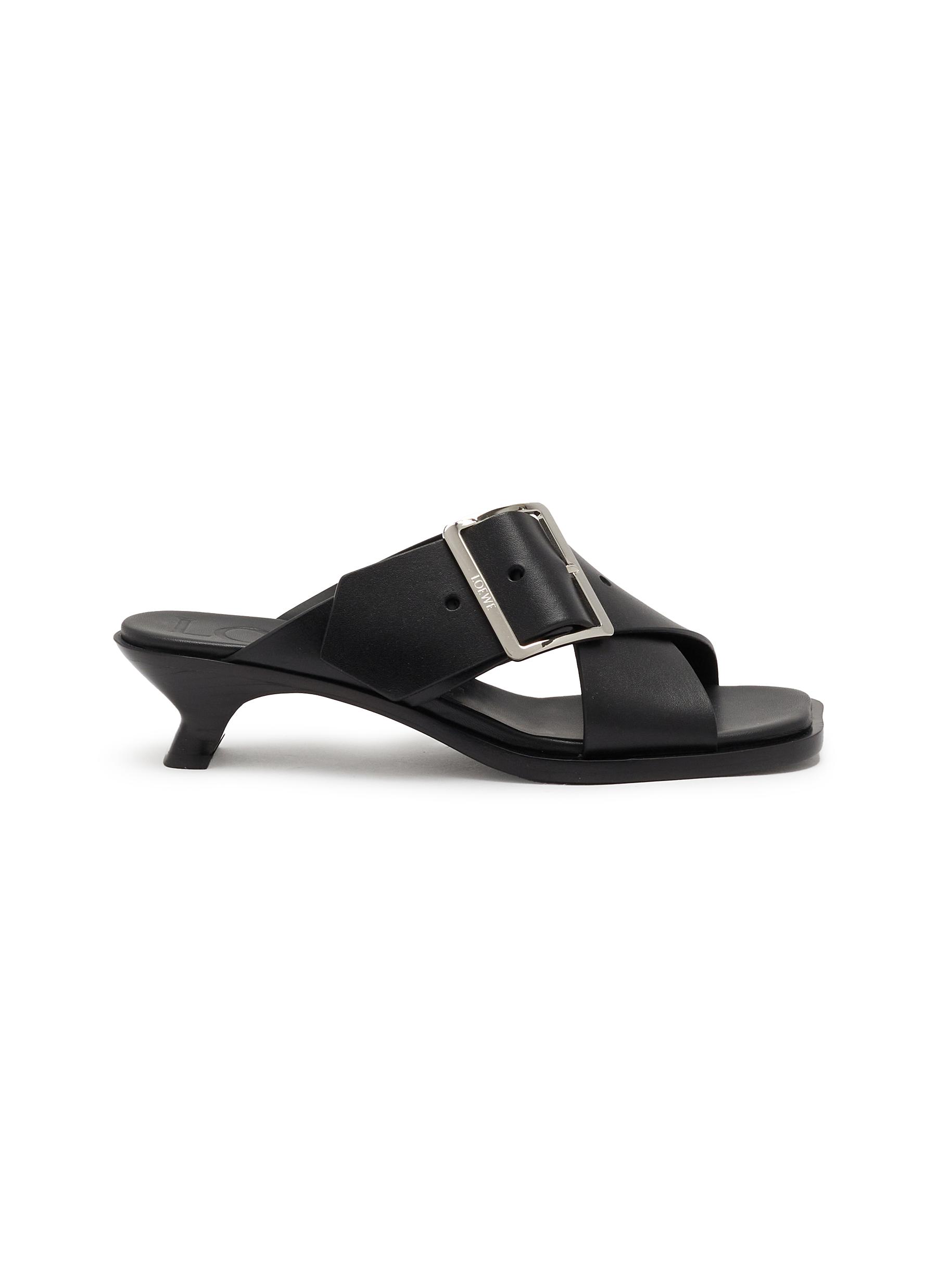 サンダル・ミュール Loewe Black Leather Petal Sandals Petal Anagram leather slides in black - Loewe | Mytheresa