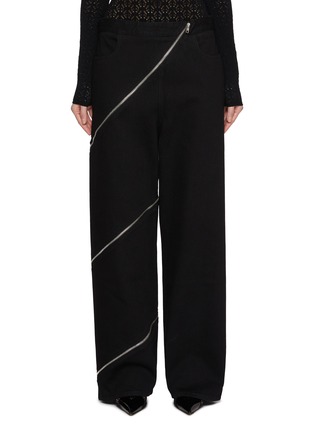 Front View - Click To Enlarge - ALAÏA - Spiral Zip Wide Leg Dark Wash Jeans