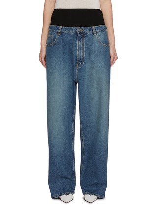 Front View - Click To Enlarge - ALAÏA - Contrast Waistband Medium Wash Denim Jeans