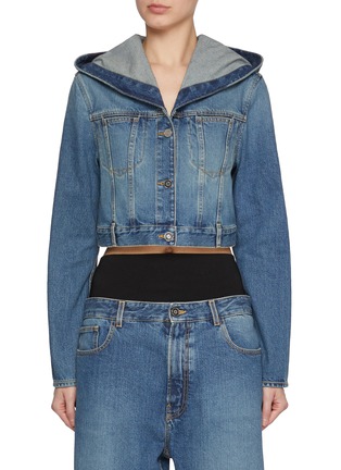 Front View - Click To Enlarge - ALAÏA - Hooded Crop Medium Wash Denim Jacket