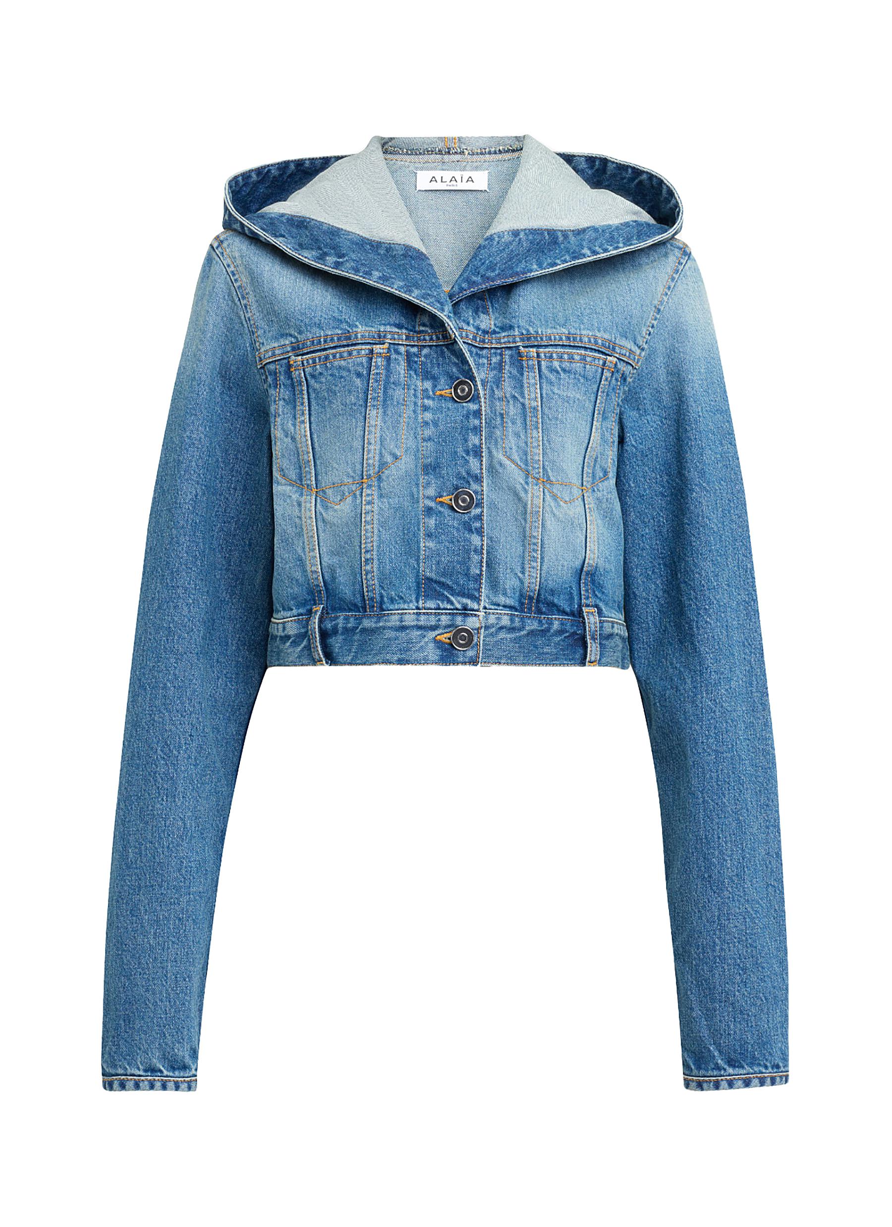 ALAÏA | Hooded Crop Medium Wash Denim Jacket | Women | Lane