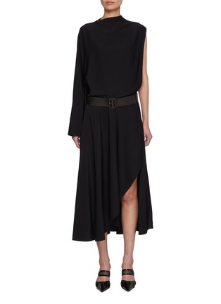 Front View - Click To Enlarge - ALAÏA - Belted One Shoulder Asymmetric Midi Dress