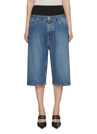 Front View - Click To Enlarge - ALAÏA - Contrast Waistband Medium Wash Bermuda Shorts