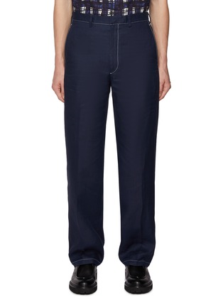 Main View - Click To Enlarge - PRADA - Logo Patch Contrast Stitch Linen Straight Leg Pants