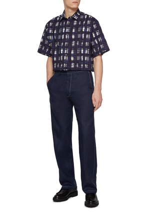 Figure View - Click To Enlarge - PRADA - Logo Patch Contrast Stitch Linen Straight Leg Pants