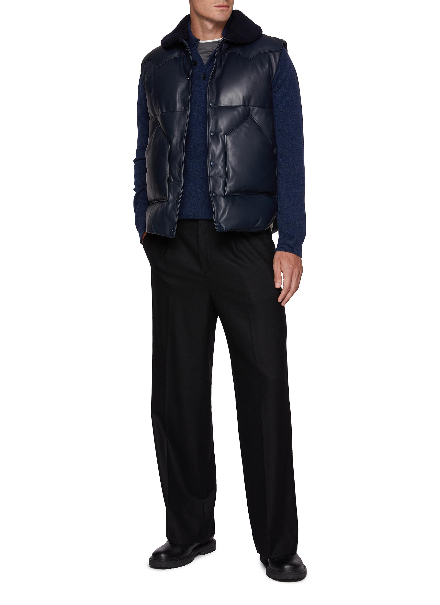 Shearling Collar Goose Down Padded Leather Vest - Thumbnail 2