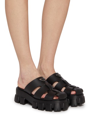 Figure View - Click To Enlarge - PRADA - Monolith Logo Leather Sandals
