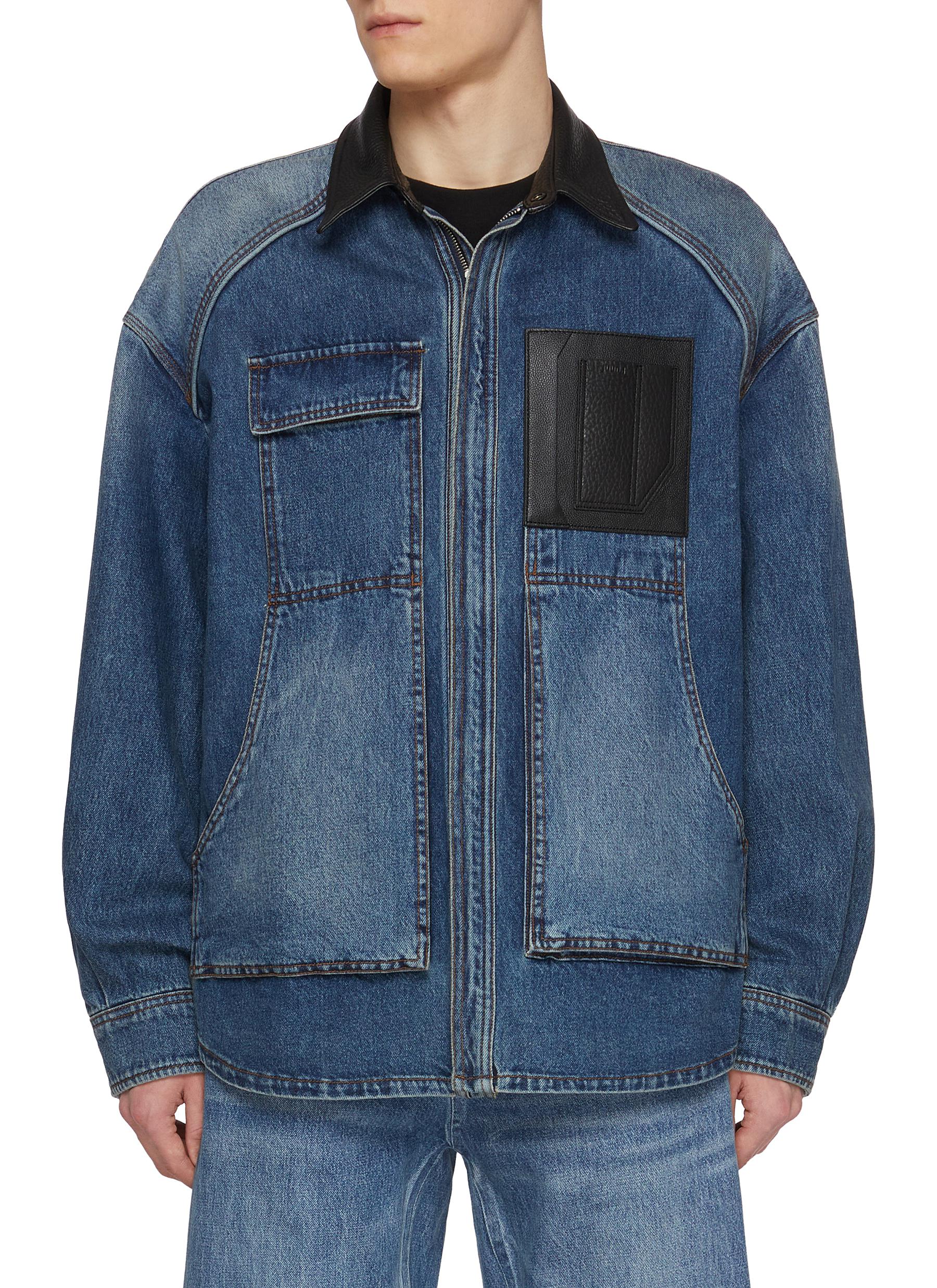 Leather Accent Medium Washed Denim Jacket
