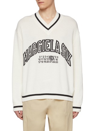 Main View - Click To Enlarge - MM6 MAISON MARGIELA - V-Neck Margiela Six Numeric Logo Cotton Wool Sweater