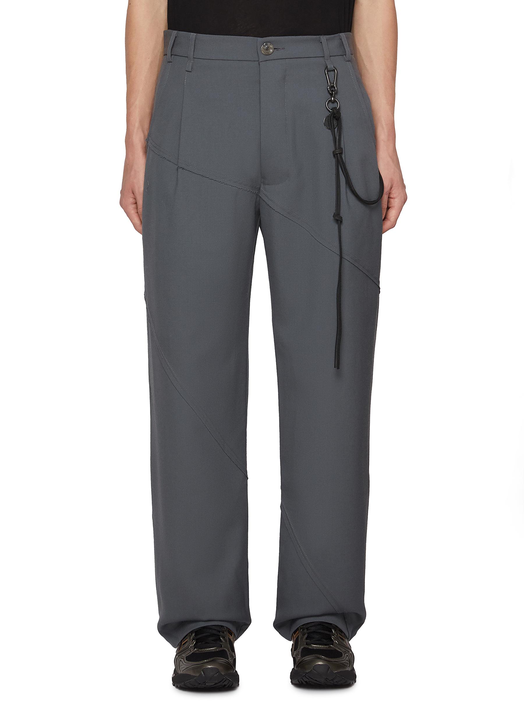 Pleated Key Chain Detail Wool Straight Leg Pants