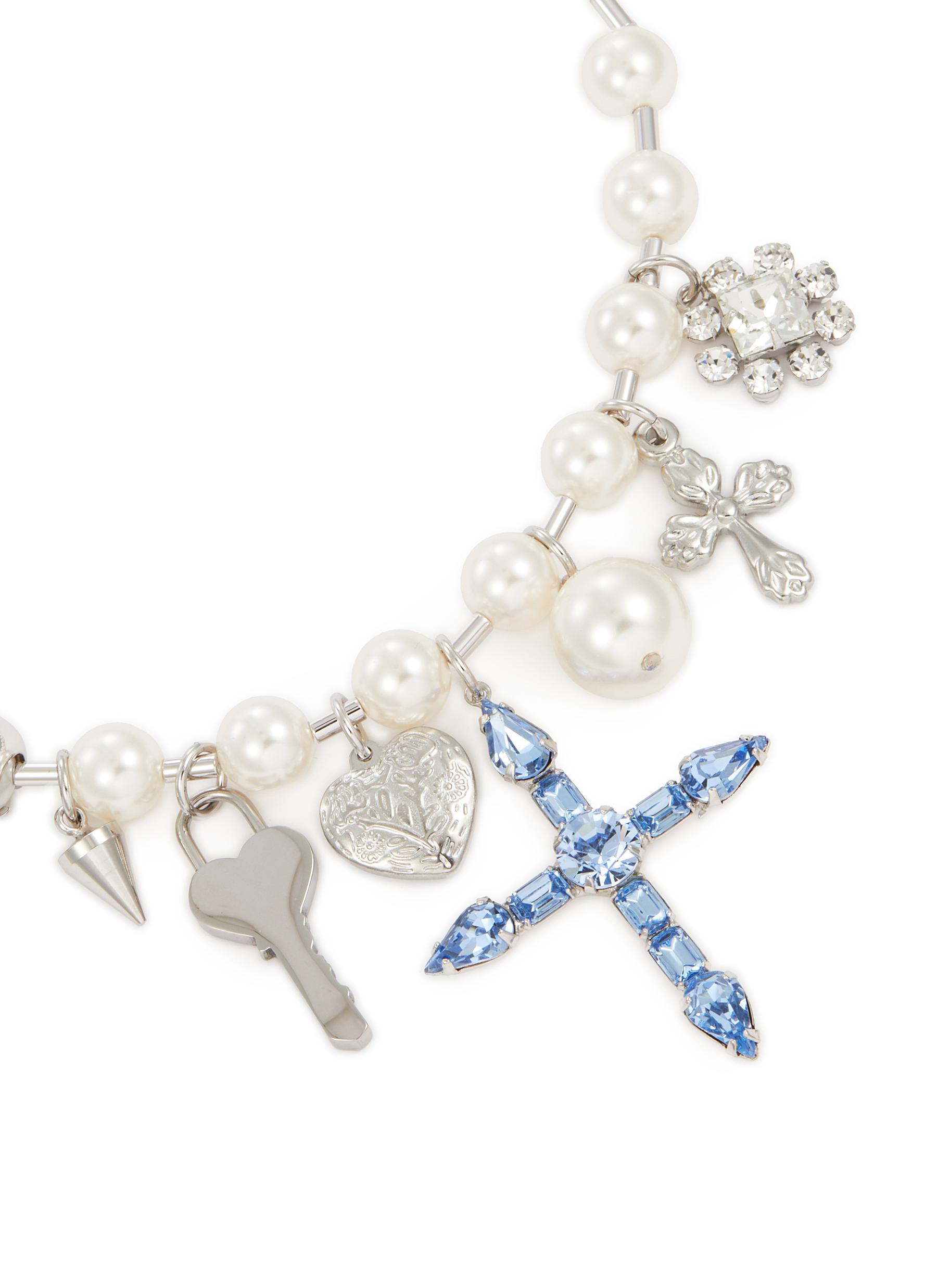 Donna Swarovski Crystal Pearl Rhodium Plated Brass Necklace - Thumbnail 3