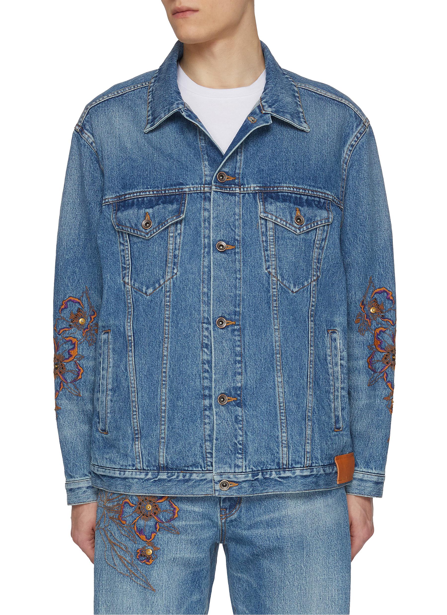Light Wash Multi-Pocket Embroidery Denim Jacket