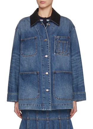 Main View - Click To Enlarge - JUUN.J - Leather Collar Dark Wash Denim Jacket