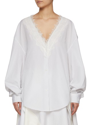 Main View - Click To Enlarge - JW ANDERSON - Lace-Trim V-Neck Striped Cotton Shirt