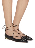 【Aquazzura】 Gabi suede-trimmedメタリックレザーフラット AQUAZZURA Gabi lace-up metallic leather point-toe flats
