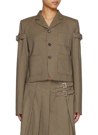 Main View - Click To Enlarge - WE11DONE - Straped Sleeve Chequered Cropped Jacket