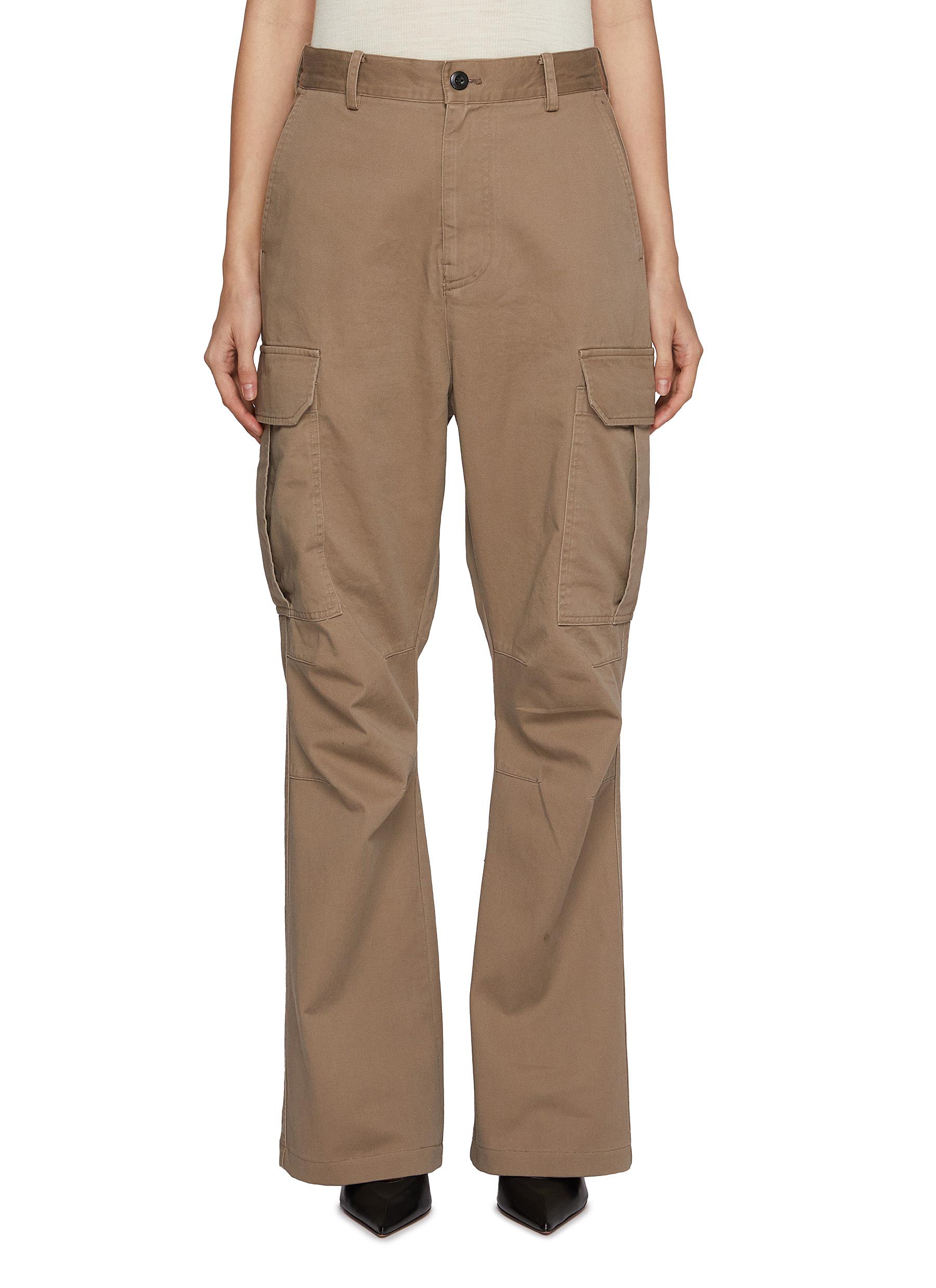 【L】C/N WASHER CURVED FLARE WIDE CARGO TONYWACK | Washed Cotton Flared Leg Cargo Pants | Women