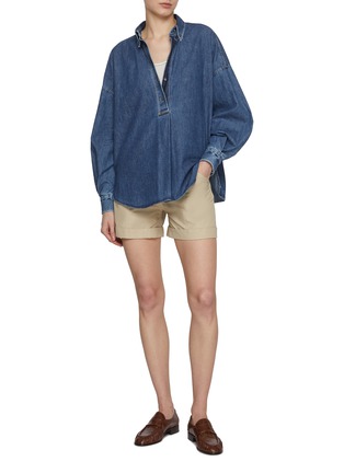 Figure View - Click To Enlarge - BRUNELLO CUCINELLI - Half Placket Balloon Sleeve Dark Wash Denim Shirt