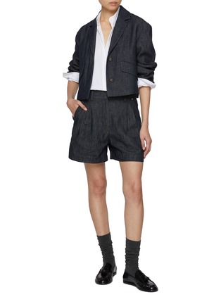 Figure View - Click To Enlarge - BRUNELLO CUCINELLI - Baggy Elasticated Dark Wash Denim Shorts