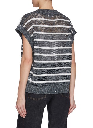 Back View - Click To Enlarge - BRUNELLO CUCINELLI - V-Neck Cap Sleeve Sequin Embellished Striped Linen Blend Vest