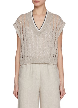 Main View - Click To Enlarge - BRUNELLO CUCINELLI - V-Neck Cap Sleeve Sequin Embellished Linen Blend Vest