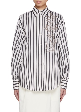 Main View - Click To Enlarge - BRUNELLO CUCINELLI - Floral Embroidered Stripe Cotton Silk Shirt