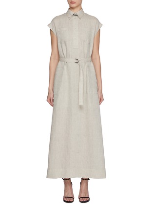 Main View - Click To Enlarge - BRUNELLO CUCINELLI - Monili Buttoned Down Collar Cap Sleeve Linen Maxi Shirt Dress