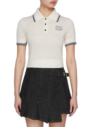 Main View - Click To Enlarge - SELF-PORTRAIT - Diamanté Embellished Beaded Logo Cropped Wool Polo Shirt