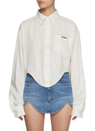 Main View - Click To Enlarge - BONBOM - Corset Cropped Striped  Linen Blend Shirt