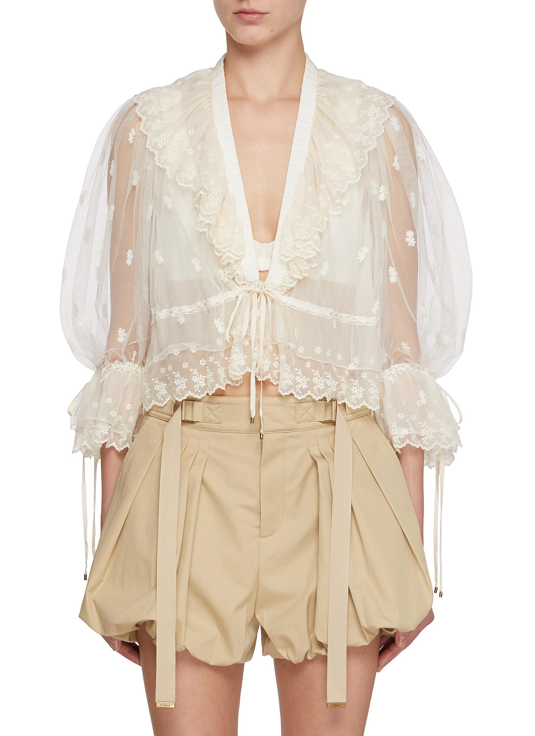CHLOÉ | Floral Embroidered Cropped Tulle Blouse | Women