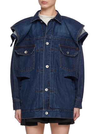 Main View - Click To Enlarge - SACAI - Draped Shoulder Dark Wash Denim Jacket