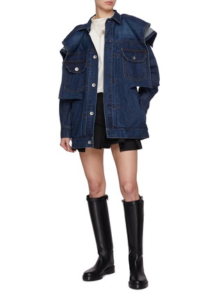 Figure View - Click To Enlarge - SACAI - Draped Shoulder Dark Wash Denim Jacket