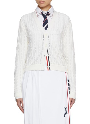 Main View - Click To Enlarge - THOM BROWNE - Cotton Silk Cable Knit V-Neck Cardigan