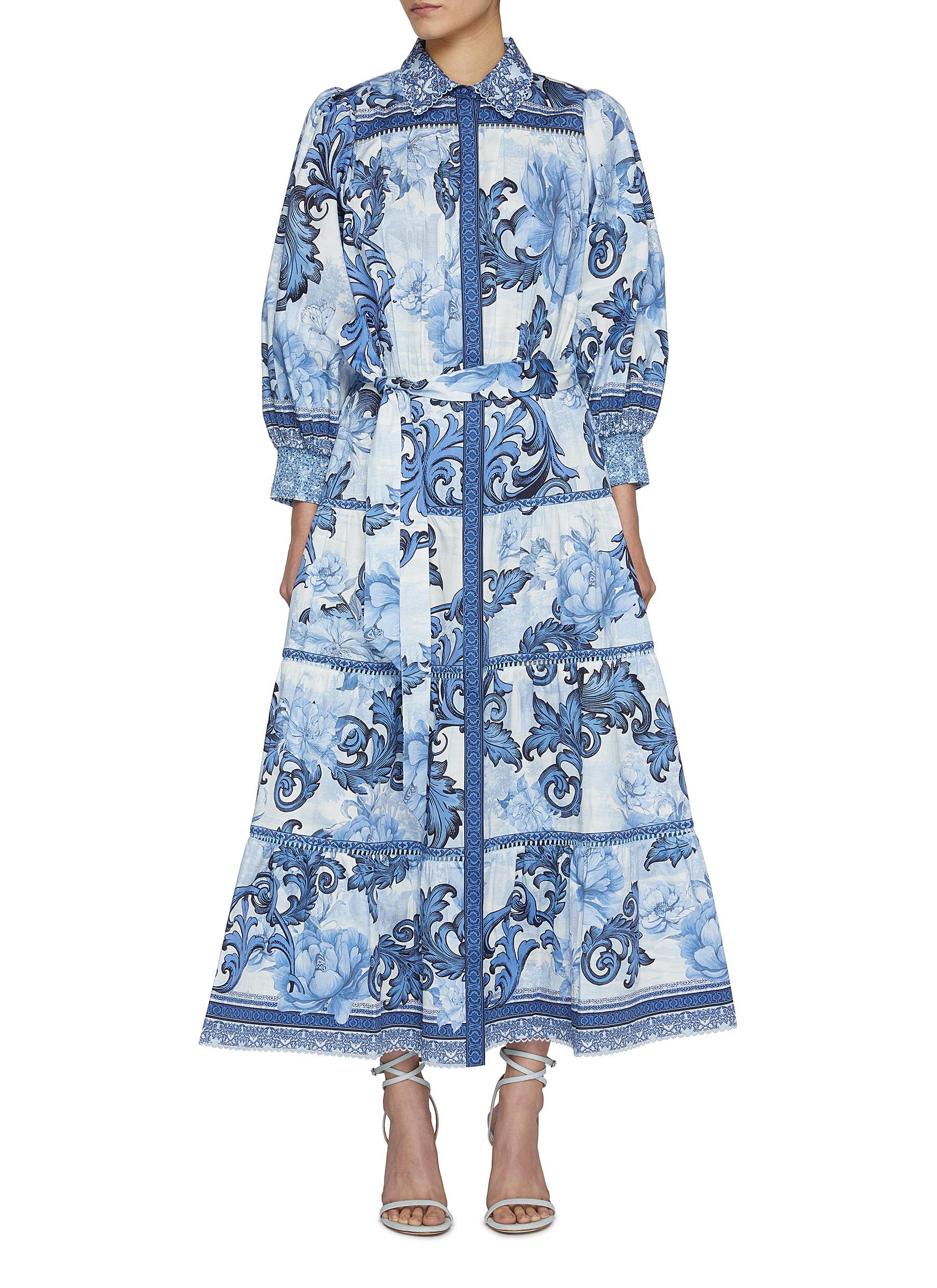 花柄【Alice+Olivia】アリスアンドオリビア GENEVA ミディドレス Alice+olivia 水色フレンチスリーブ花柄レース膝上丈フレ