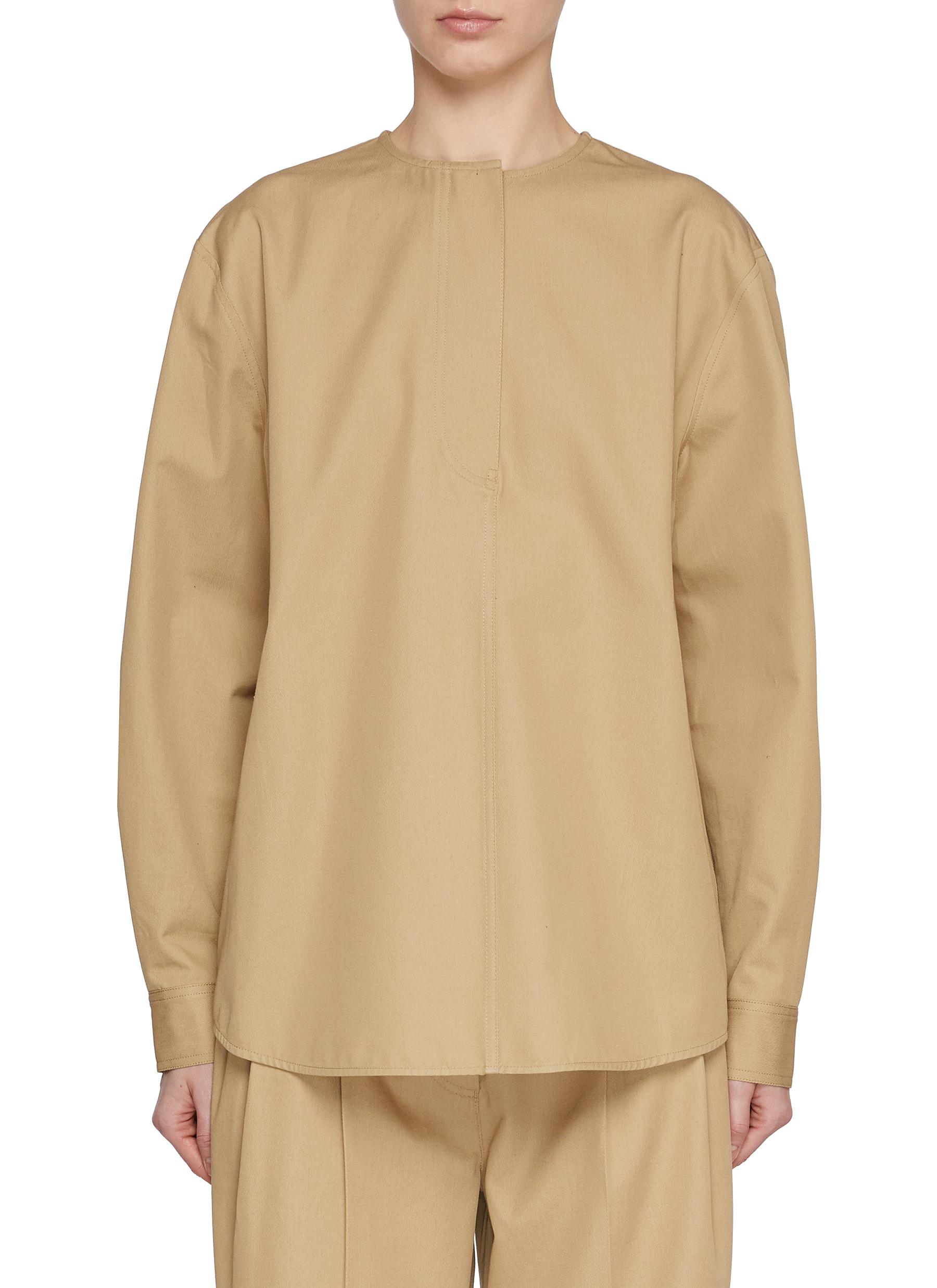 Collarless Twill Cotton Shirt