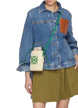 Figure View - Click To Enlarge - LOEWE - Anagram Flower Embroidered Iraca Palm Canvas Crossbody Pouch