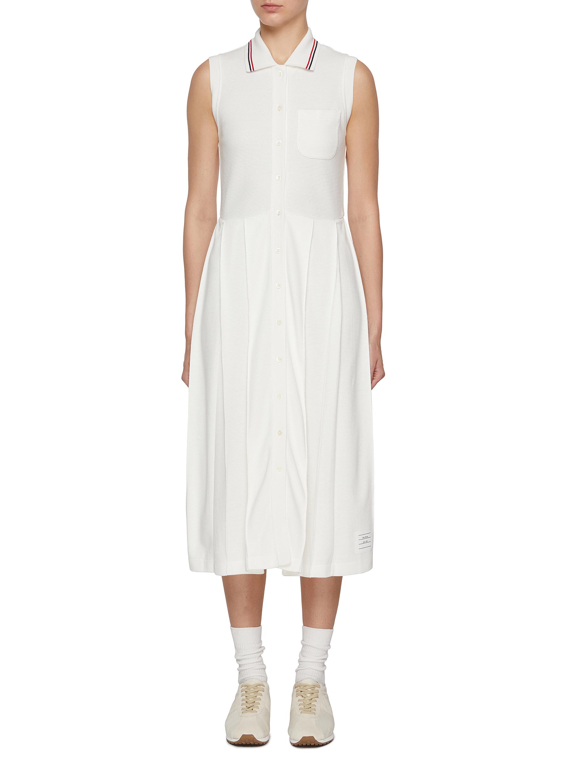 THOM BROWNE | Sleeveless Pleated Cotton Waffle Knit Polo