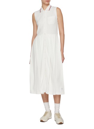 Figure View - Click To Enlarge - THOM BROWNE - Sleeveless Pleated Cotton Waffle Knit Polo Dress