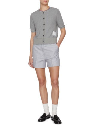 Figure View - Click To Enlarge - THOM BROWNE - Short Sleeve Cotton Waffle Knit Cardigan