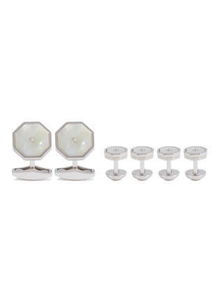 Main View - Click To Enlarge - TATEOSSIAN - London Eye Rhodium Plated Sterling Silver Mother Of Pearl Diamond Cufflink Shirt Stud Set