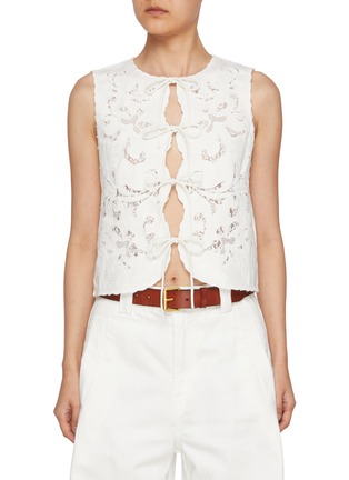 Main View - Click To Enlarge - EDITION - Tie Front Embroidered Lace Cotton Linen Vest
