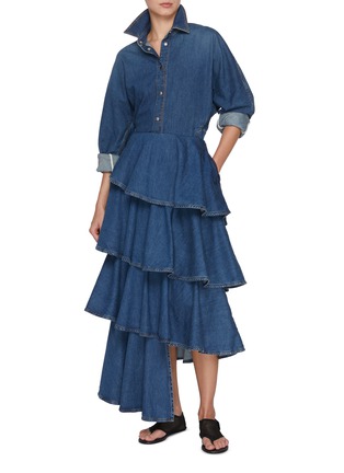 Figure View - Click To Enlarge - ALAÏA - Tiered Spiral Dark Wash Denim Skirt