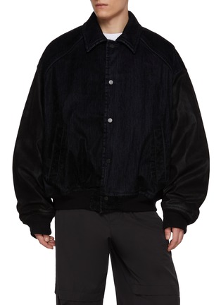 Main View - Click To Enlarge Main View - Click To Enlarge - JUUN.J - Faux Leather Sleeves Denim Jacket