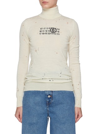 Main View - Click To Enlarge - MM6 MAISON MARGIELA - Logo Embroidered Distressed Wool Turtleneck Sweater