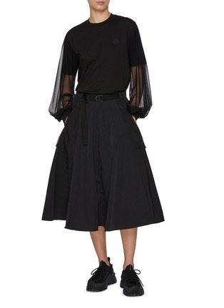 Figure View - Click To Enlarge - MONCLER - Tulle Sleeve Cotton Crewneck Top