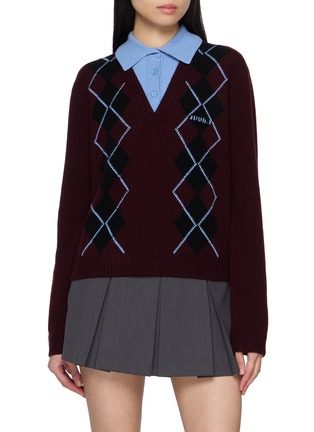 Main View - Click To Enlarge - JUUN.J - Collar Patch Argyle Intarsia V-Neck Knit Sweater