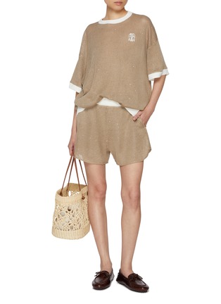 Figure View - Click To Enlarge - BRUNELLO CUCINELLI - Logo Embroidered Sequined Linen Silk Knit Top