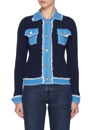Main View - Click To Enlarge - BARRIE - Hybrid Frayed Edge Dark Wash Denim Knit Jacket